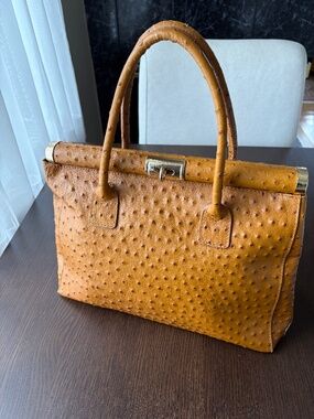 Borse in Pelle Genuine Leather Top Handle Satchel Bag Ostrich-Embossed Brown